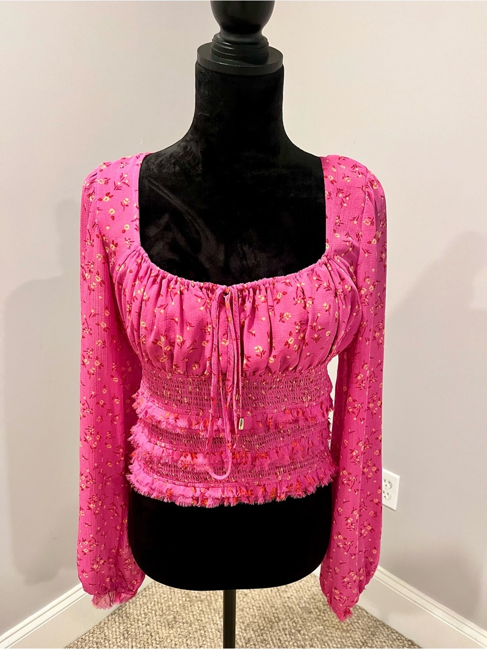 Free People Pink Floral Smocked Long-Sleeve Top- small